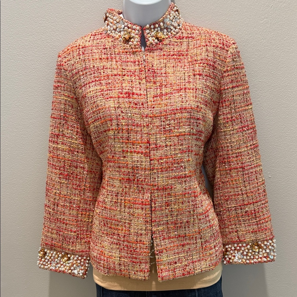 Chico's Red and Cream Tweed Blazer with Pearl Details